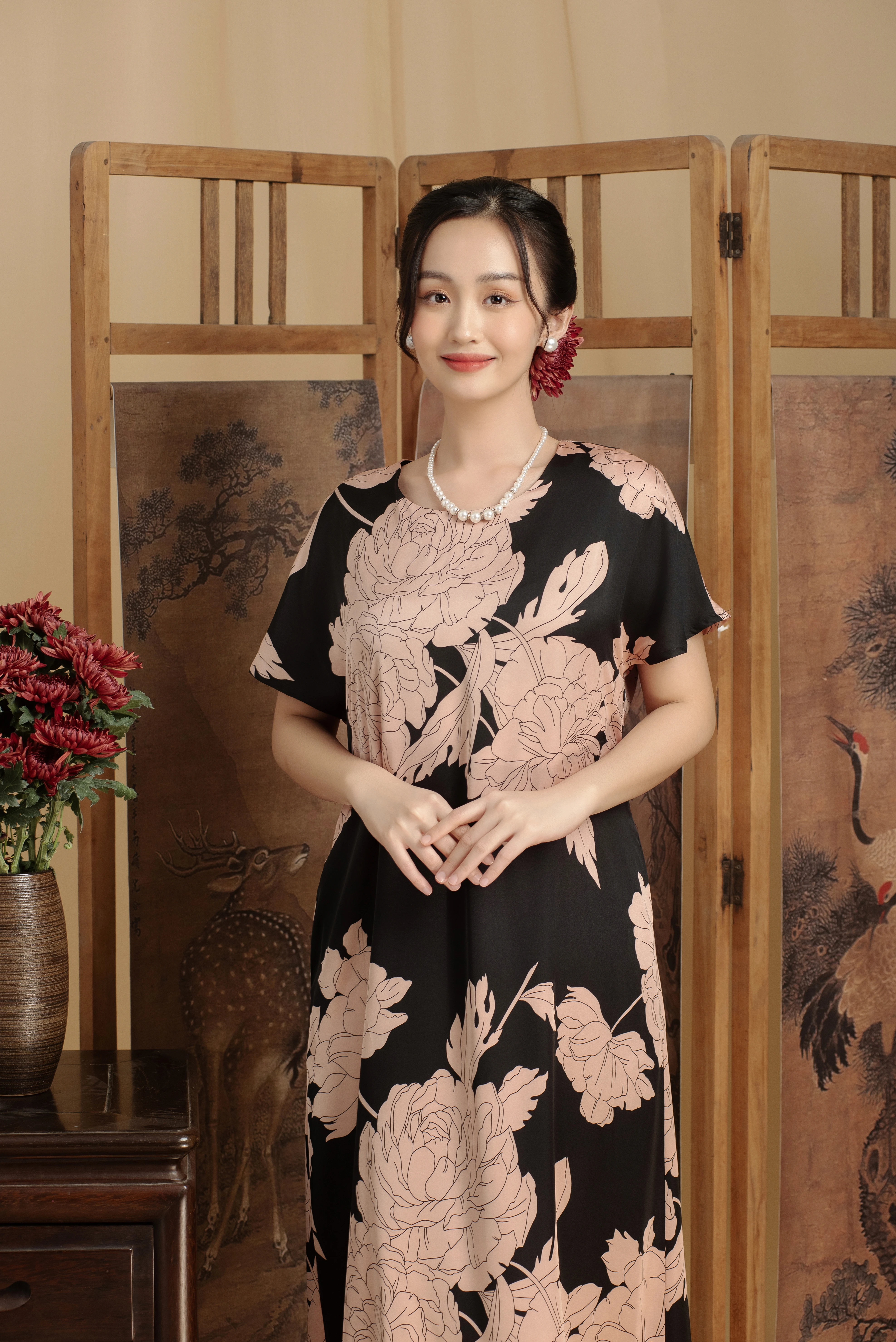 Đầm trung niên lụa thiết kế in hoa DD3L0708
